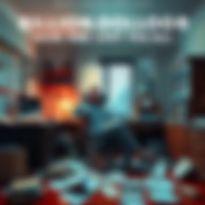 A man with a distressed expression sitting at his desk in a bedroom office, papers scattered around, symbolizing financial loss