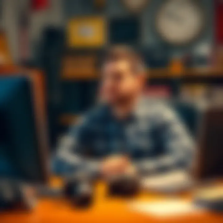 A tech worker sits thoughtfully at his desk, looking contemplative after a comment from his wife about size. The room is filled with tech gadgets, hinting at his profession.