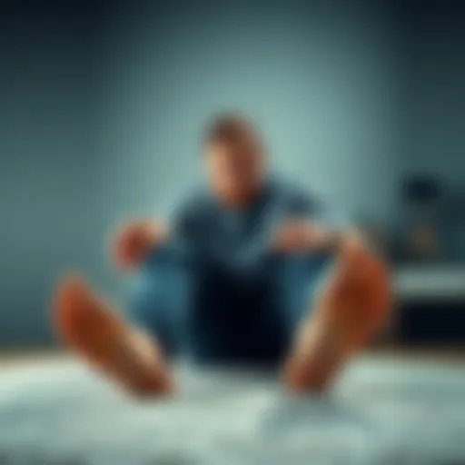A man sitting with a concerned expression, looking at his feet with visible discomfort, emphasizing body image issues.