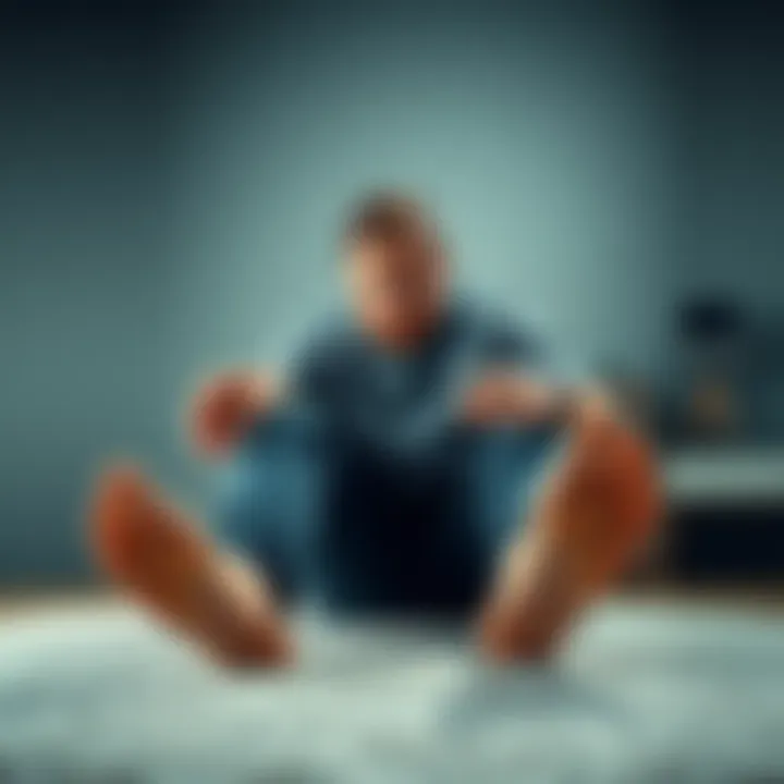 A man sitting with a concerned expression, looking at his feet with visible discomfort, emphasizing body image issues.