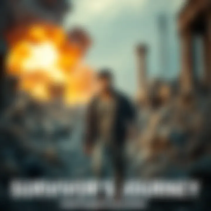 Man standing in ruins A man stands among rubble, looking determined. His face shows strength and resilience after surviving an explosion in a devastated area.