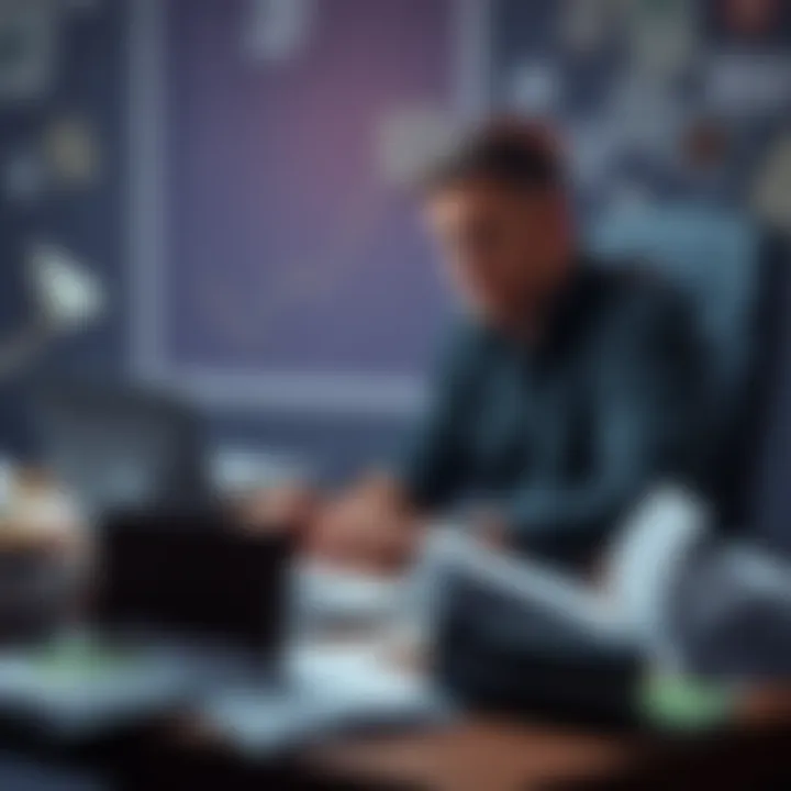 A person sitting at a desk surrounded by papers and a laptop, focused on solving a Bitcoin code, with a frustrated expression