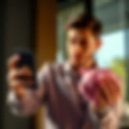 Man comparing Bitcoin and savings account A man looking at a Bitcoin symbol on his phone while holding a piggy bank in the other hand, illustrating the contrast between cryptocurrency and traditional savings.
