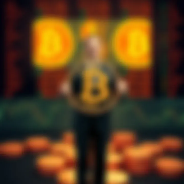 A man in a suit stands in front of a digital representation of Bitcoin wallets, holding a large Bitcoin symbol. He appears to be making a claim or presentation about ownership.