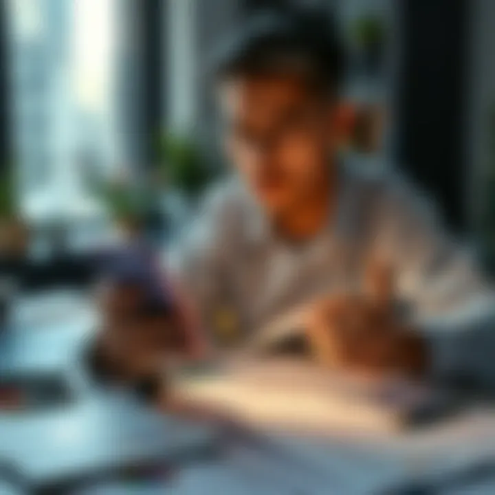 A person examining Bitcoin prices on a mobile device while sitting at a desk filled with financial documents.