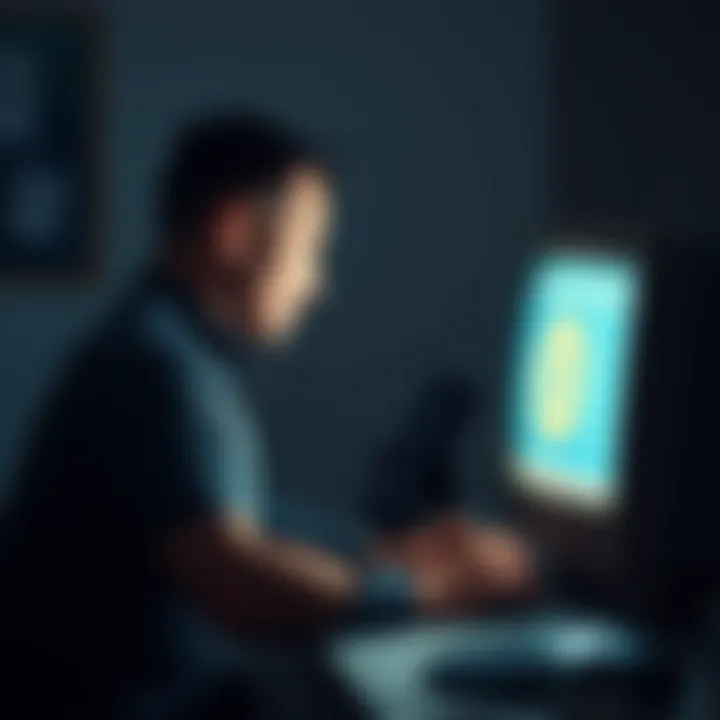 A man sitting at a desk, staring at an old computer screen, searching for lost Bitcoin.