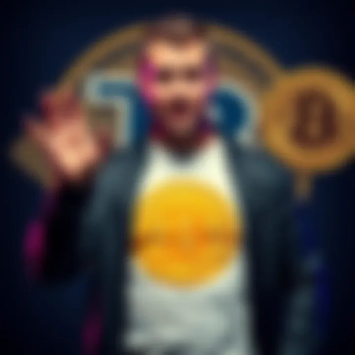 A man confidently stands with a Bitcoin logo in the background, gesturing dramatically as he recalls his bold vow from 2017, now reflecting on the cryptocurrency's journey.