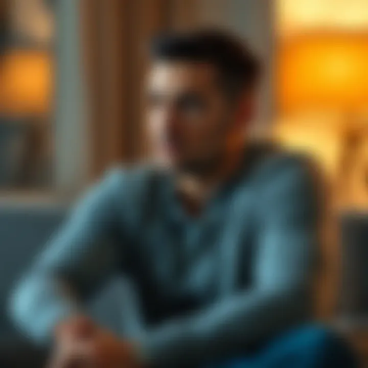 A man sitting thoughtfully, looking introspective about his body image and self-acceptance, conveying a sense of vulnerability and confidence.