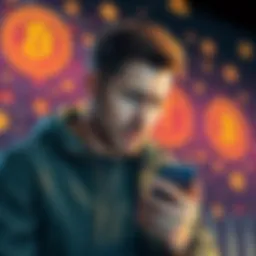 A worried man holding a phone, realizing he has been scammed, with cryptocurrency symbols in the background.