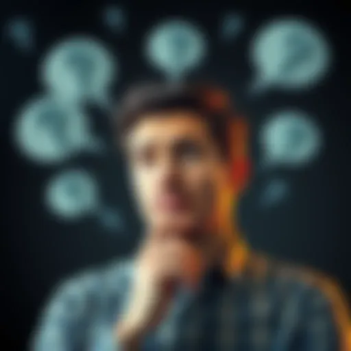 A thoughtful man contemplating important questions, surrounded by speech bubbles with various question marks.