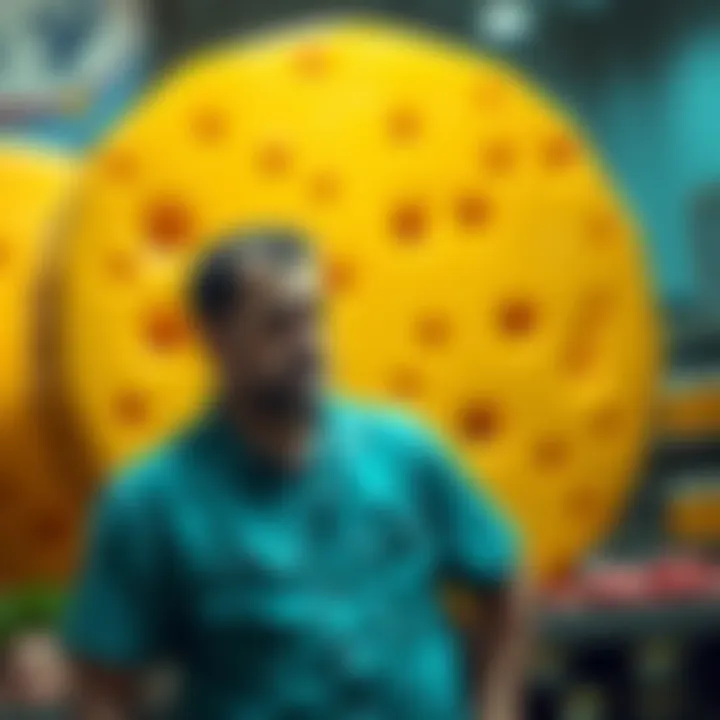 A man stands next to a large cheddar cheese wheel while looking disappointed, symbolizing his failed investment and relationship struggle.