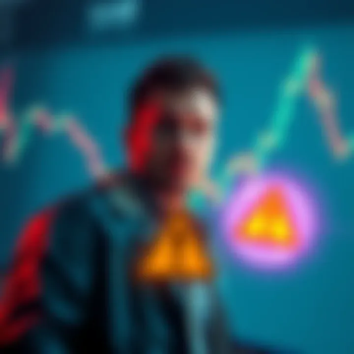 Managing Crypto Risks A graph showing fluctuating cryptocurrency prices, with a person looking concerned about their investments. A warning sign indicating risk management is included.