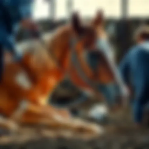 A mare lying down calmly while a farrier trims her hooves, showcasing techniques for managing shivers during grooming sessions.