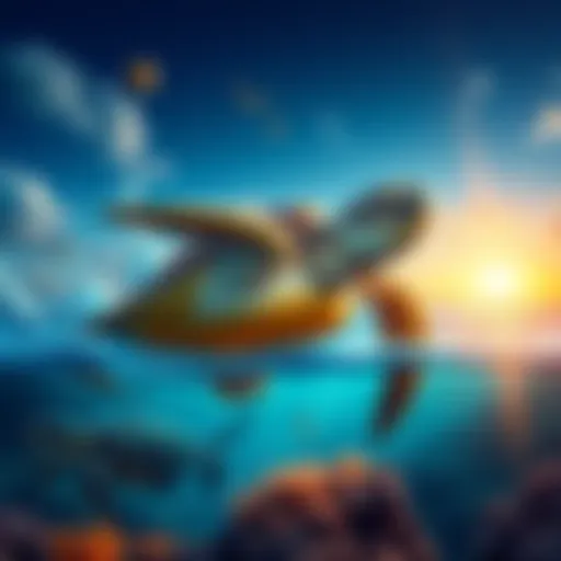 A visual representation of Ocean Save's mission, showcasing sea turtles, coral reefs, and ocean cleanup efforts, all tied to cryptocurrency investments.