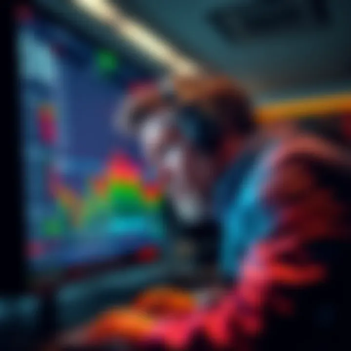 A worried trader looking at fluctuating stock charts on a computer screen, representing market panic and investment decisions.