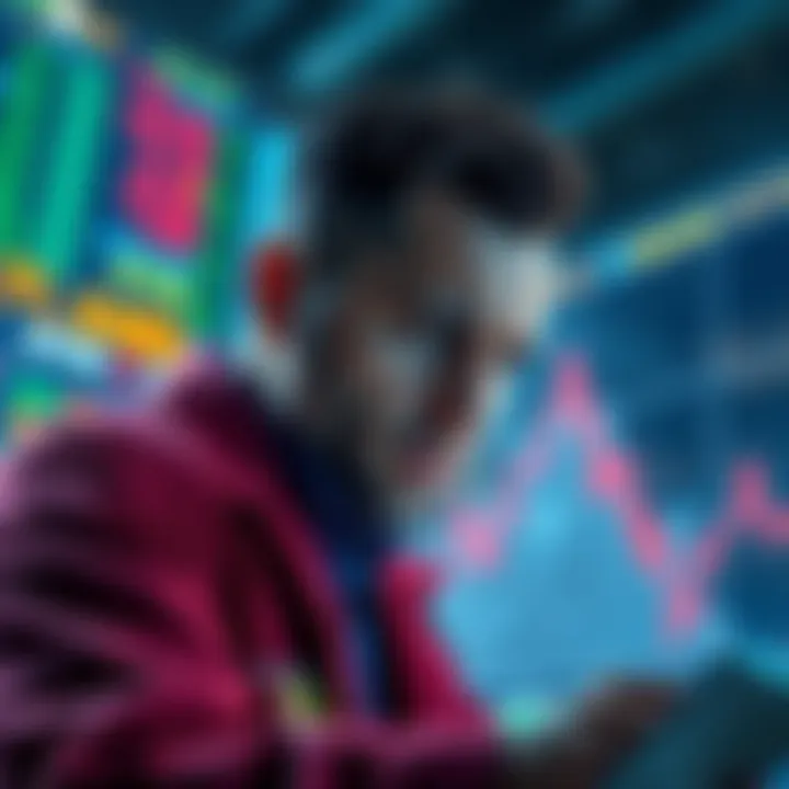 Market Bearish Outlook A trader looking worriedly at a declining stock market graph with a price projection of $70k, representing bear sentiment.