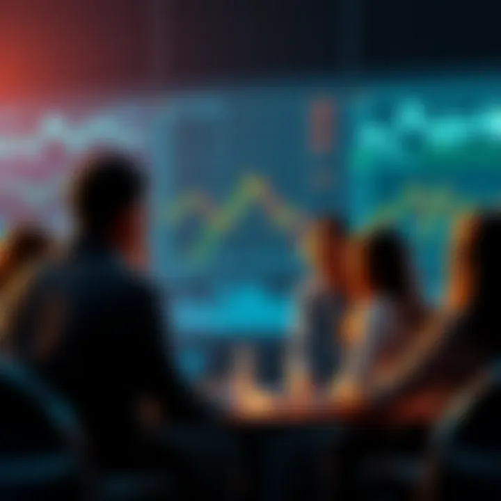 Group of people discussing strategies during a market dip with charts and graphs around them