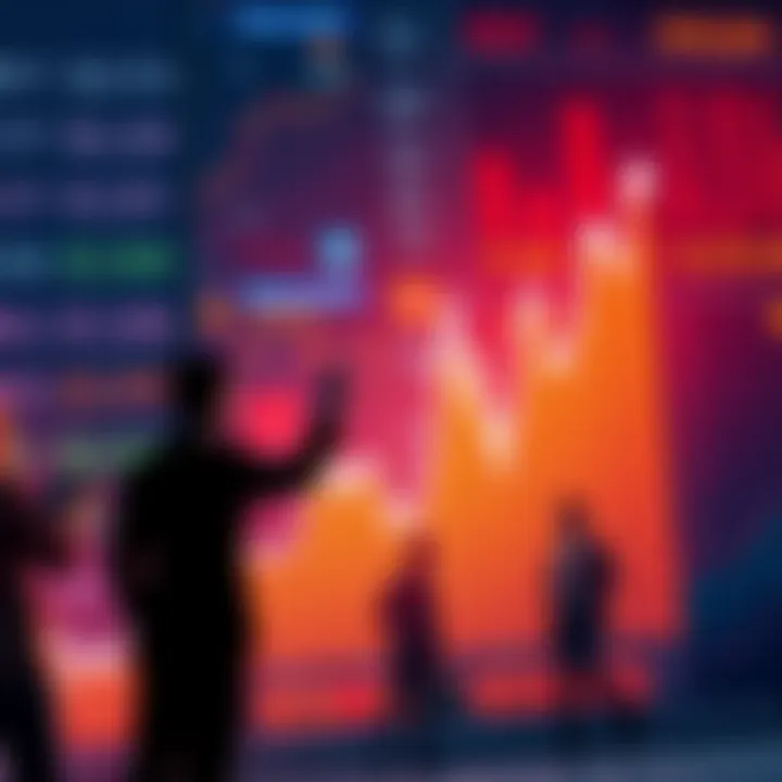 A chart showing a rising trend in market prices with people discussing investments.