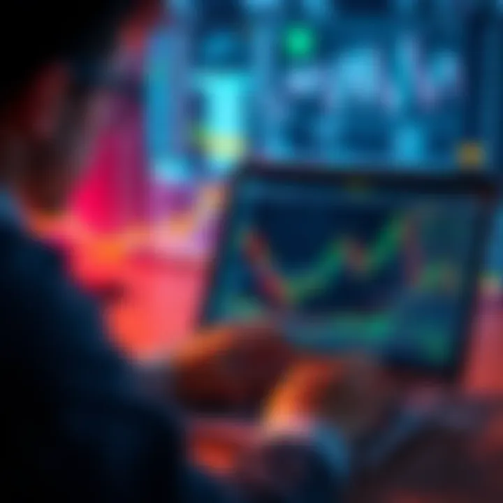A person analyzing market trends on a laptop with stock charts on the screen.
