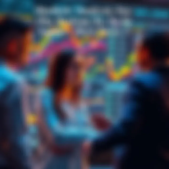 A group of analysts discussing stock market trends with charts and graphs in the background.