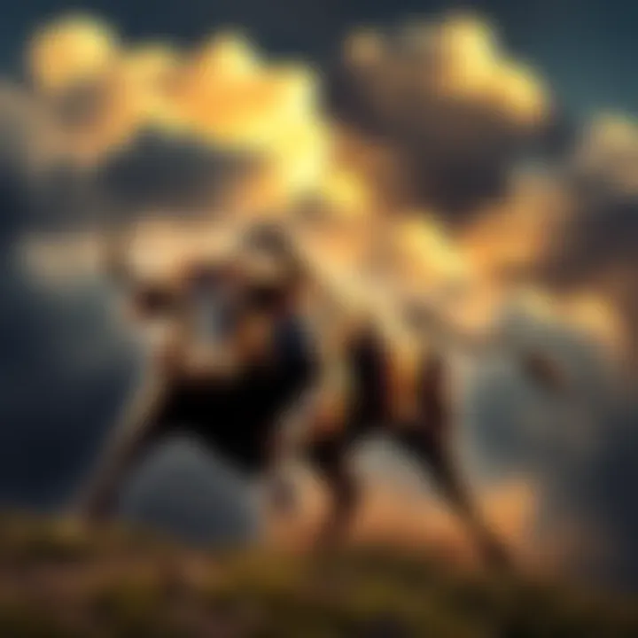 A charging bull under dark clouds representing uncertainty in the market.