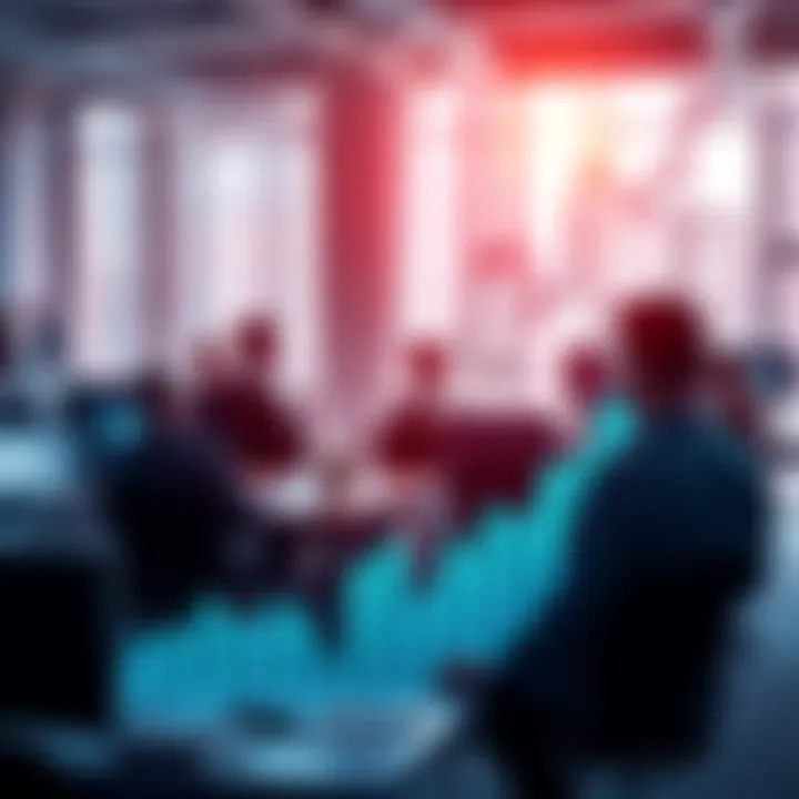 A graph showing a downward trend in market performance with people analyzing it in a modern office setting