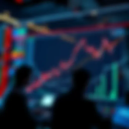 A stock market chart showing a steep downward trend, indicating a market reversal. People studying the chart are seen in the background, analyzing data.