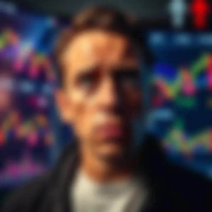 A person looking at market charts with a worried expression, symbolizing fear and uncertainty after buying at market highs.