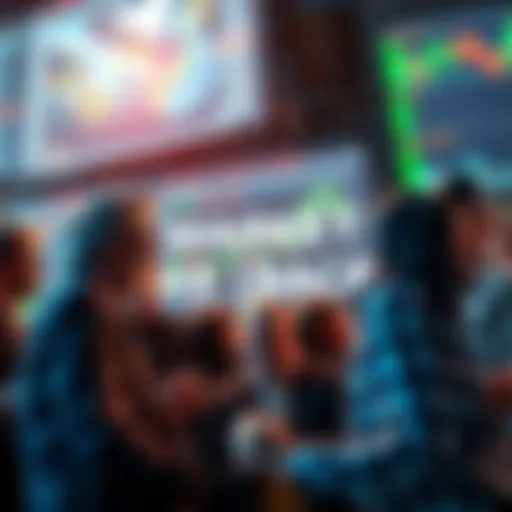 A group of excited people discussing a significant figure's return to the market, with stock charts and graphs in the background.