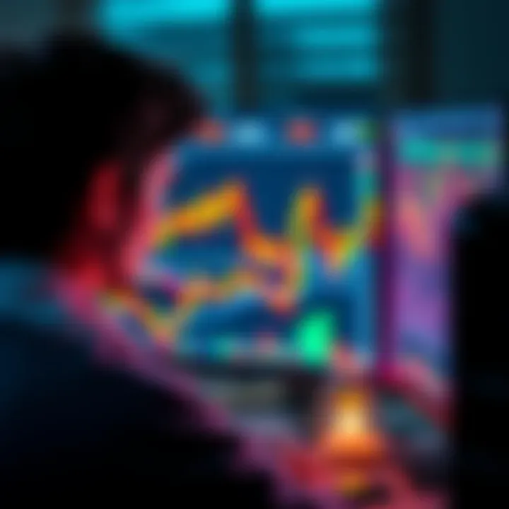 A person looking at fluctuating cryptocurrency graphs on a computer screen, depicting uncertainty in the market.