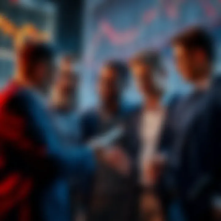 Market Dip Buyers A group of diverse investors discussing strategies during a market dip, with financial charts and graphs around them.