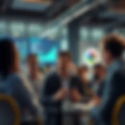 A group of people discussing market trends and prices in a lively setting