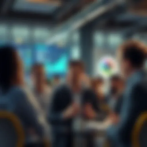 A group of people discussing market trends and prices in a lively setting