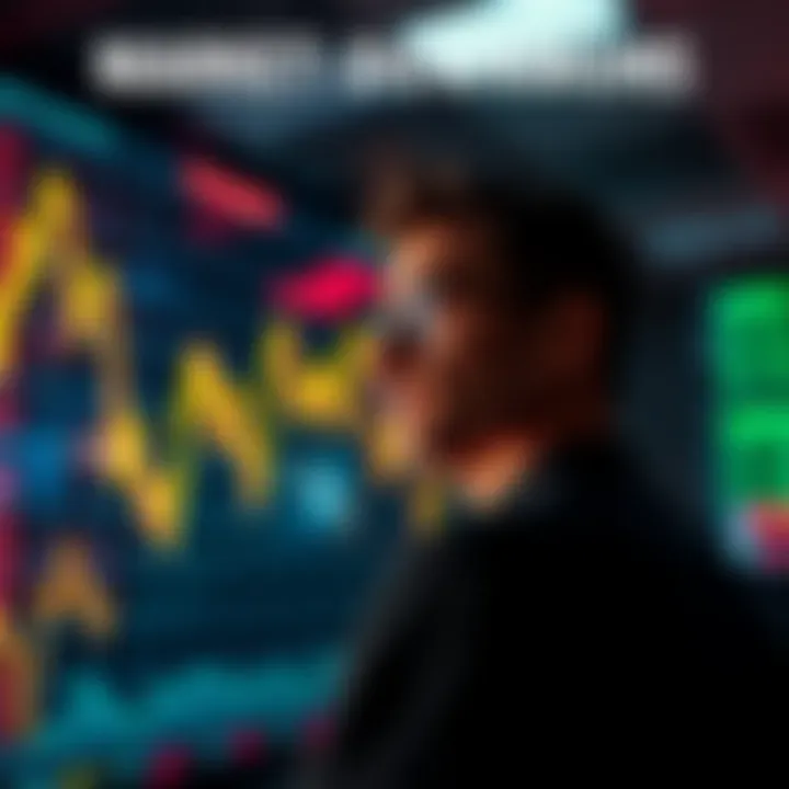 A graph showing a downward trend in stock prices with a worried investor looking at the screen.