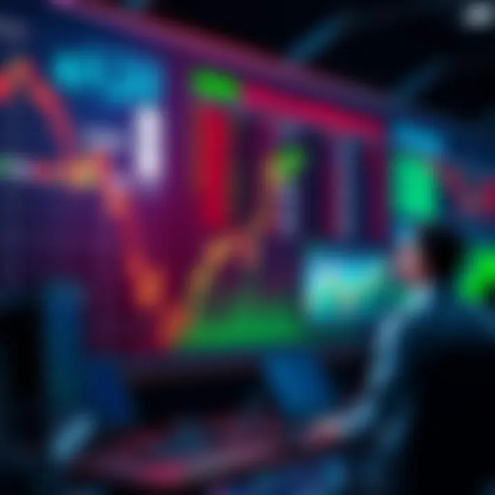 A stock market graph showing a downward trend with worried investors looking at screens