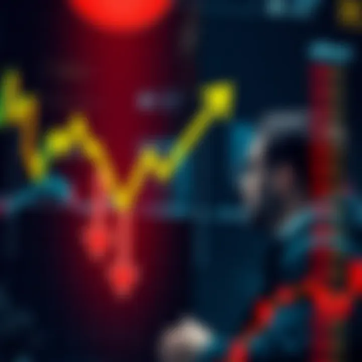 A graph showing a downward trend with arrows pointing down and a worried trader looking at it.