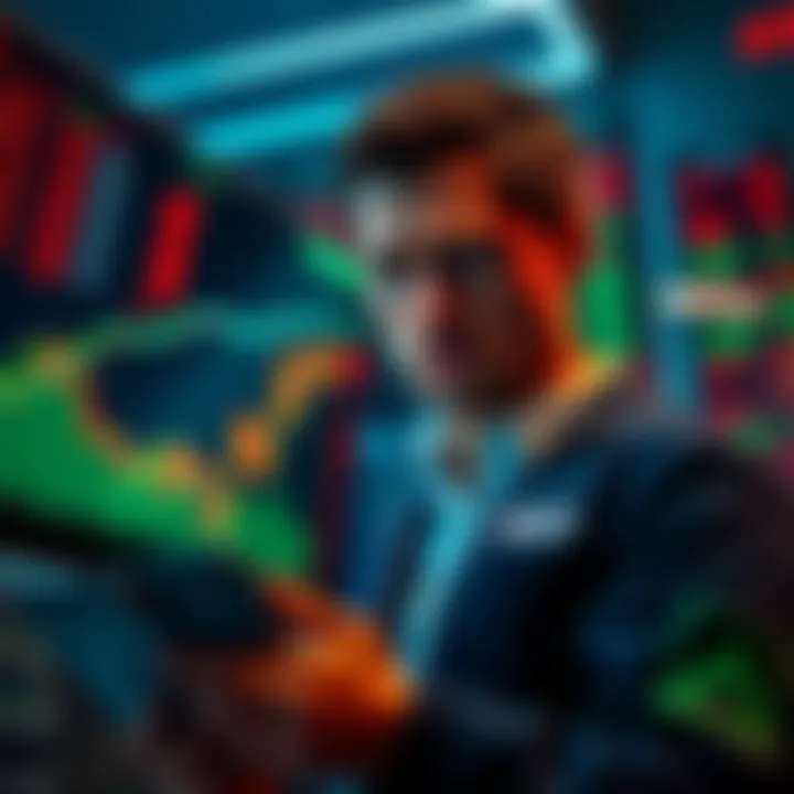 A trader looking at market charts with a worried expression, surrounded by downward trending graphs and stock tickers, illustrating the fear in investing.