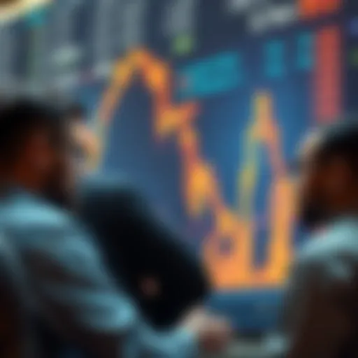 Investors looking at a market chart showing a decline but preparing for upcoming IPOs, symbolizing a buying opportunity.