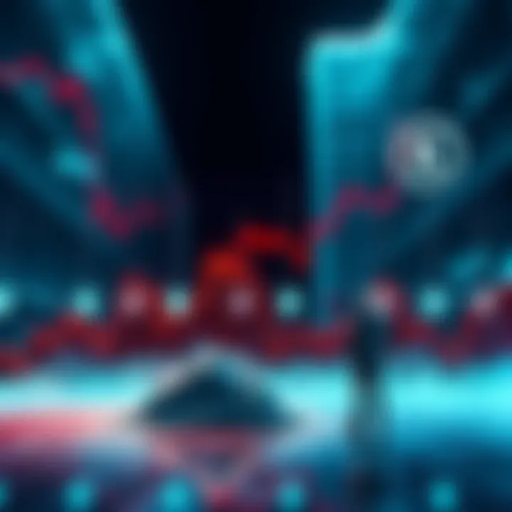 A graph showing a steep decline in market prices, with worried investors observing the downward trend, symbolizing financial stress.