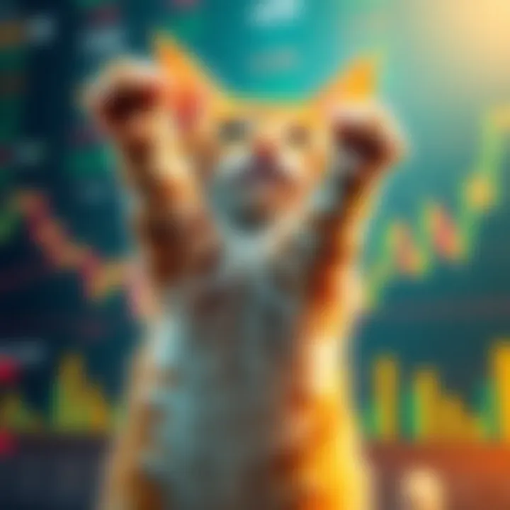 A cat bouncing back up, symbolizing a market rebound, with stock charts in the background.