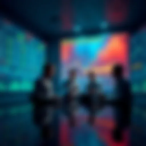 A group of experienced financial experts discussing trends in a dimly lit room with charts on the wall showing market declines.