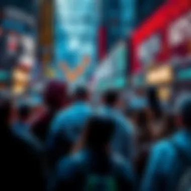 A crowd of people discussing the implications of selling at 60k, with signs showing market trends and prices in the background.