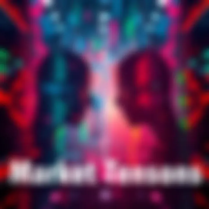 A visual representation of buyers and sellers facing off in a fluctuating market environment with price indicators showing contrasting values.