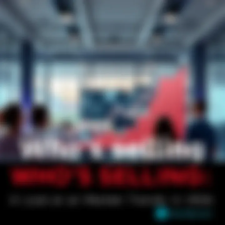 A graph showing upward trends and key players in the market, with people discussing sales in a modern office setting