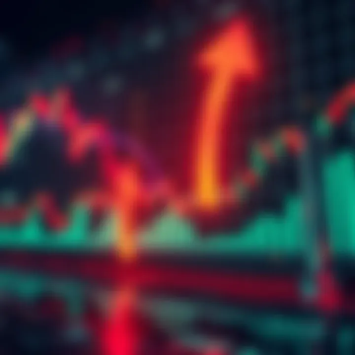 A graph showing declining market trends with downward arrows and financial charts