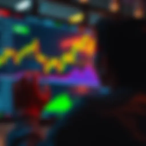 Market Trends Analysis A person looking at a graph with fluctuating market trends on a digital screen, considering investment options.