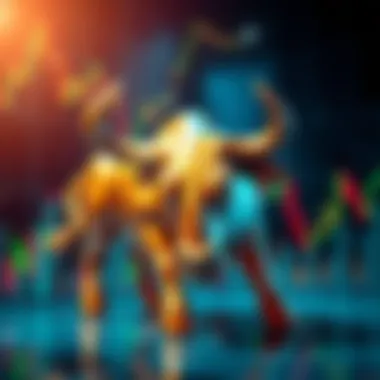 A bull symbol representing market trends, with a fluctuating chart in the background showing ups and downs.