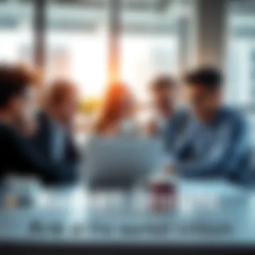 A group of coworkers discussing market trends over coffee, looking at charts and graphs on a laptop.