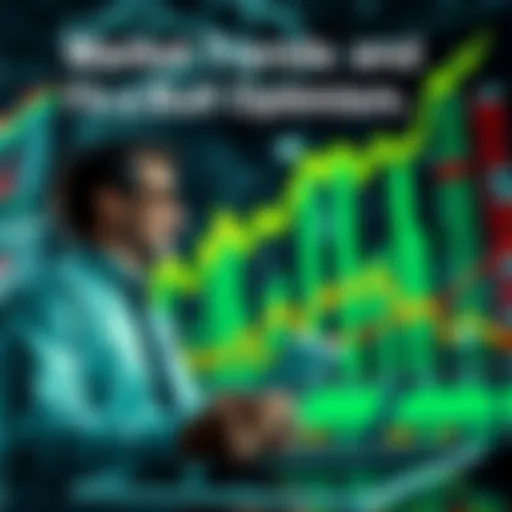 A stock market chart with upward trends and happy investors analyzing data, reflecting bullish sentiments.