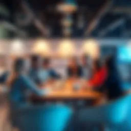 A group of diverse people discussing marketing ideas around a table